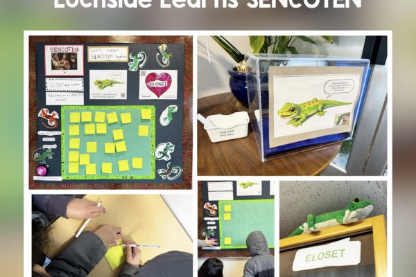 Collage of pictures showing the SENĆOŦEN language learning initiative that students are helping to set up and run throughout the school.